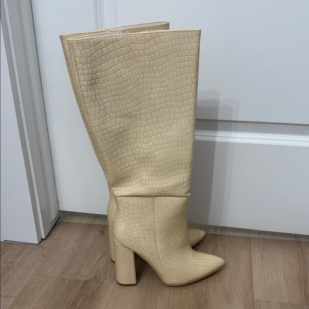 Missguided Cream Croc-Embossed Knee-High Pointed Toe Boots